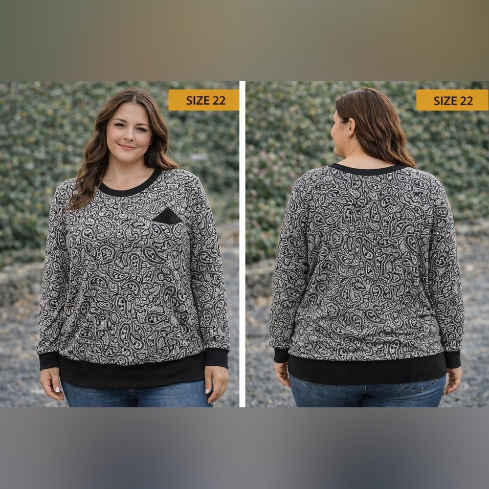 Melissa Ashley Plus Size Black & White Paisley Pullover Sweatshirt size 22